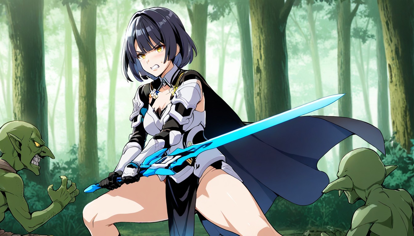Armor, Black Cape And A Black, Female Black Hair And Yellow Eyes Hentai AI Porn