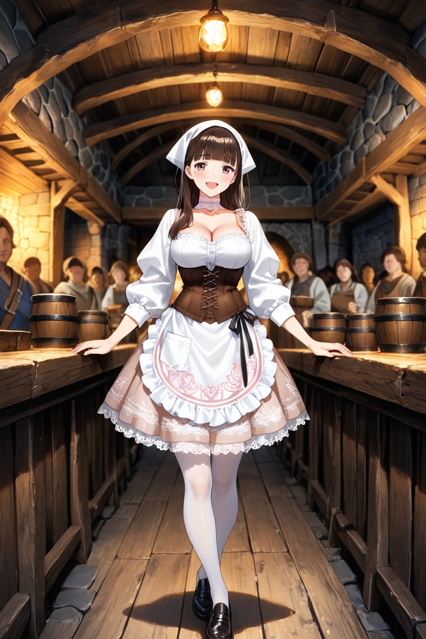 White Lace Stockings, Wooden Tavern Furniture, Daytime Hentai AI Porn
