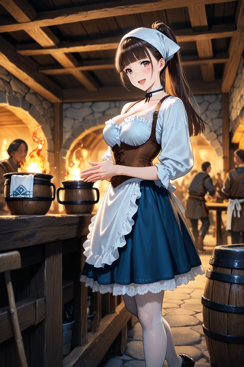Cloth Banners Hung From Ceiling, White Lace Stockings, Many People Around Porno IA Hentai
