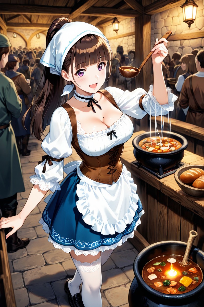 Detailed, Large Iron Cauldron With Hot Hearty Stew Hung From Above, Headscarf Wrap Hentai AI Porn