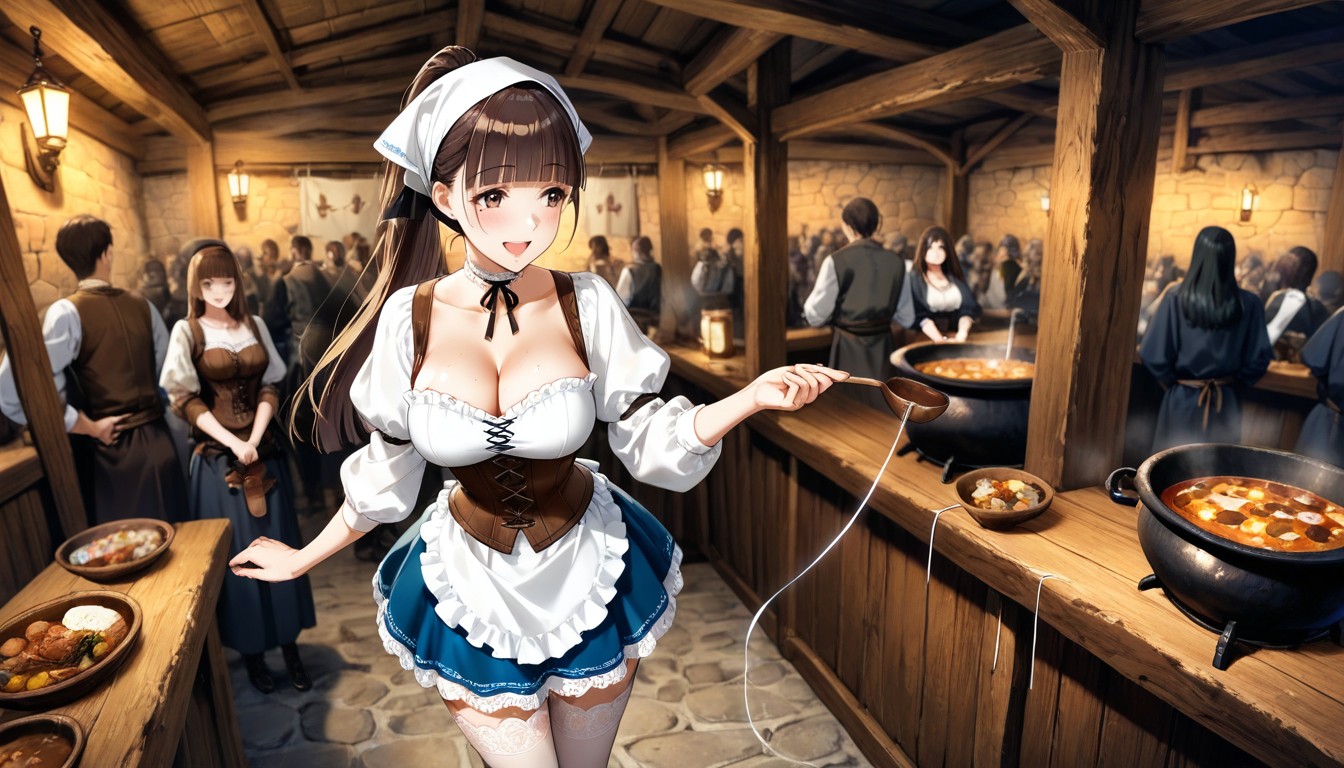 Wooden Bar Counter, Side View, White Colored Round Frilly Apron Hentai AI Porn