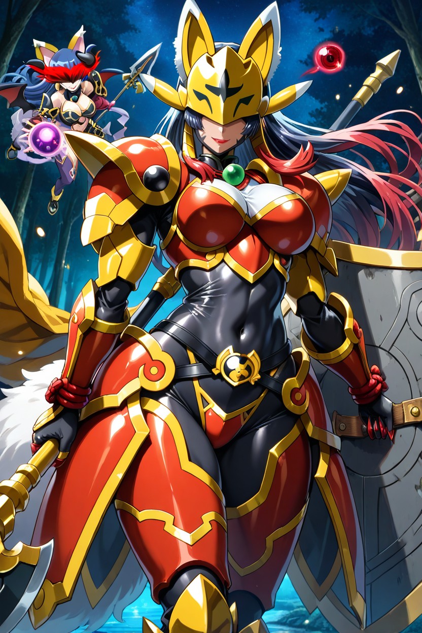 Red Chest Armor, Holding Enormous Axe Spear In Left Hand, Wavy Hair Hentai IA