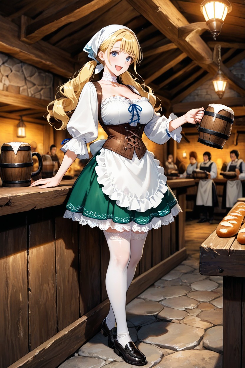 Green Colored Skirt, Medieval Barmaid Outfit, Wooden Tavern Furniture AI黄漫