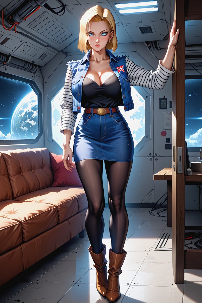 Personal Items And Furniture Suggesting A Lived-in Space, Cleavage, Blue Denim Skirt Hentai AI Porn
