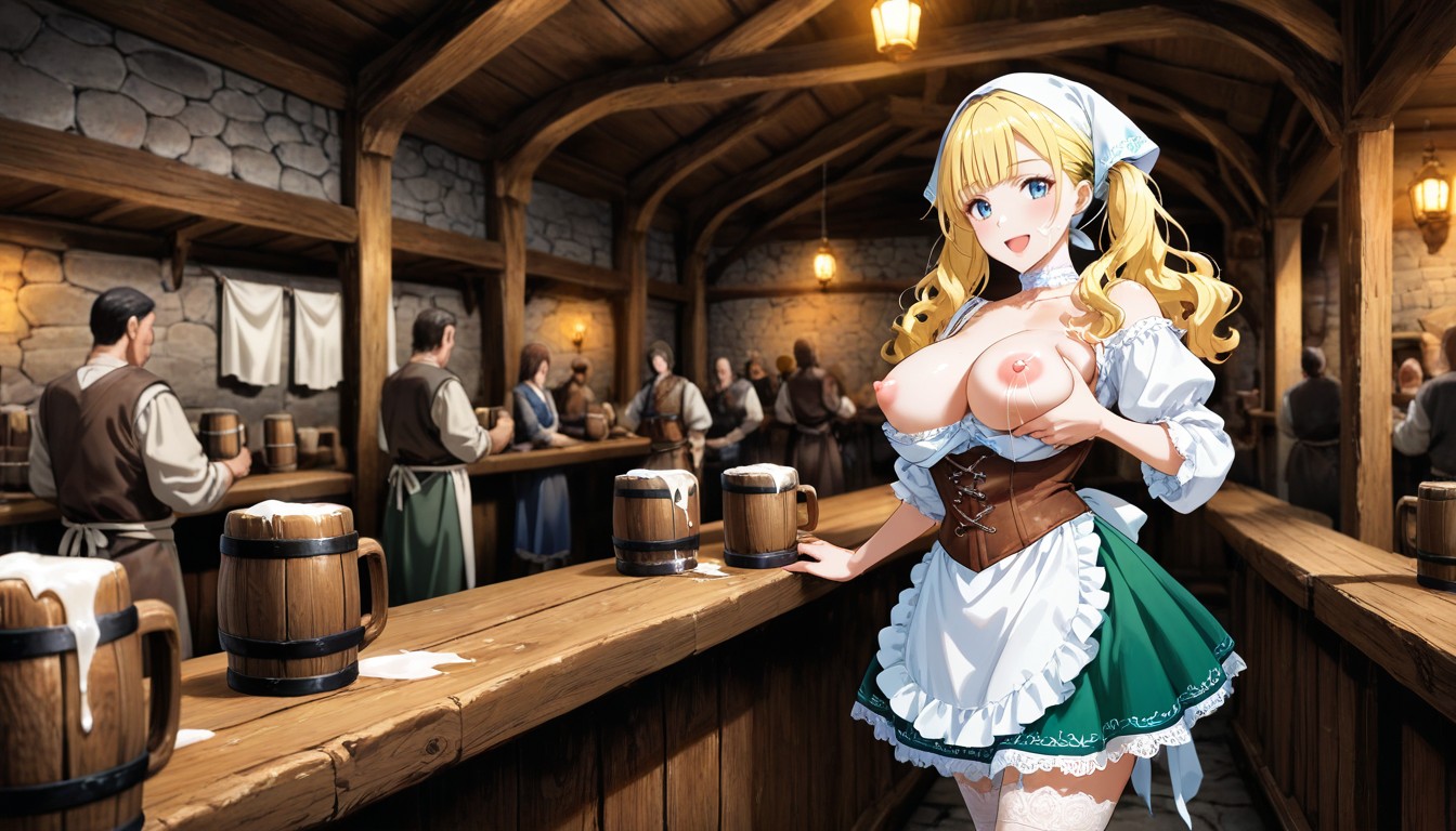 From Mug Pouring Down On Breasts, White Lace Stockings, White Frilly Choker With Blue Ribbon On Neck Hentai IA