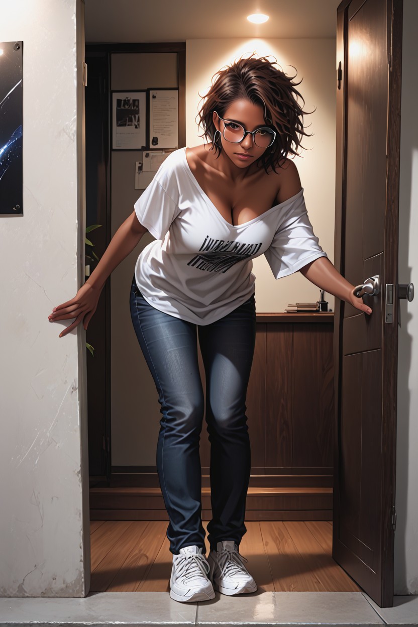 Detailed Eyes, Round Glasses, Against Doorframe Porno IA Hentai