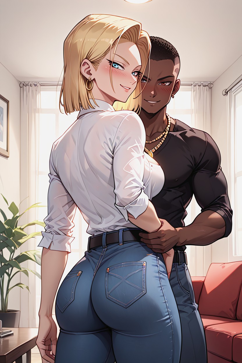 Blushing, Standing With Two African Men, A Cleavage Hentai AI Porn