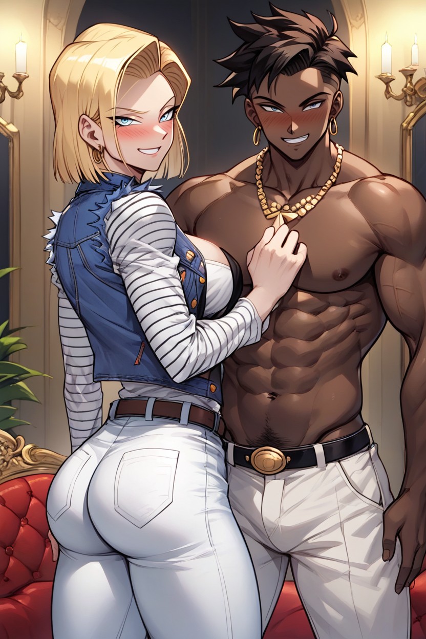 Two Men And One, Rounded Breast, Smug Expression Hentai AI Porn