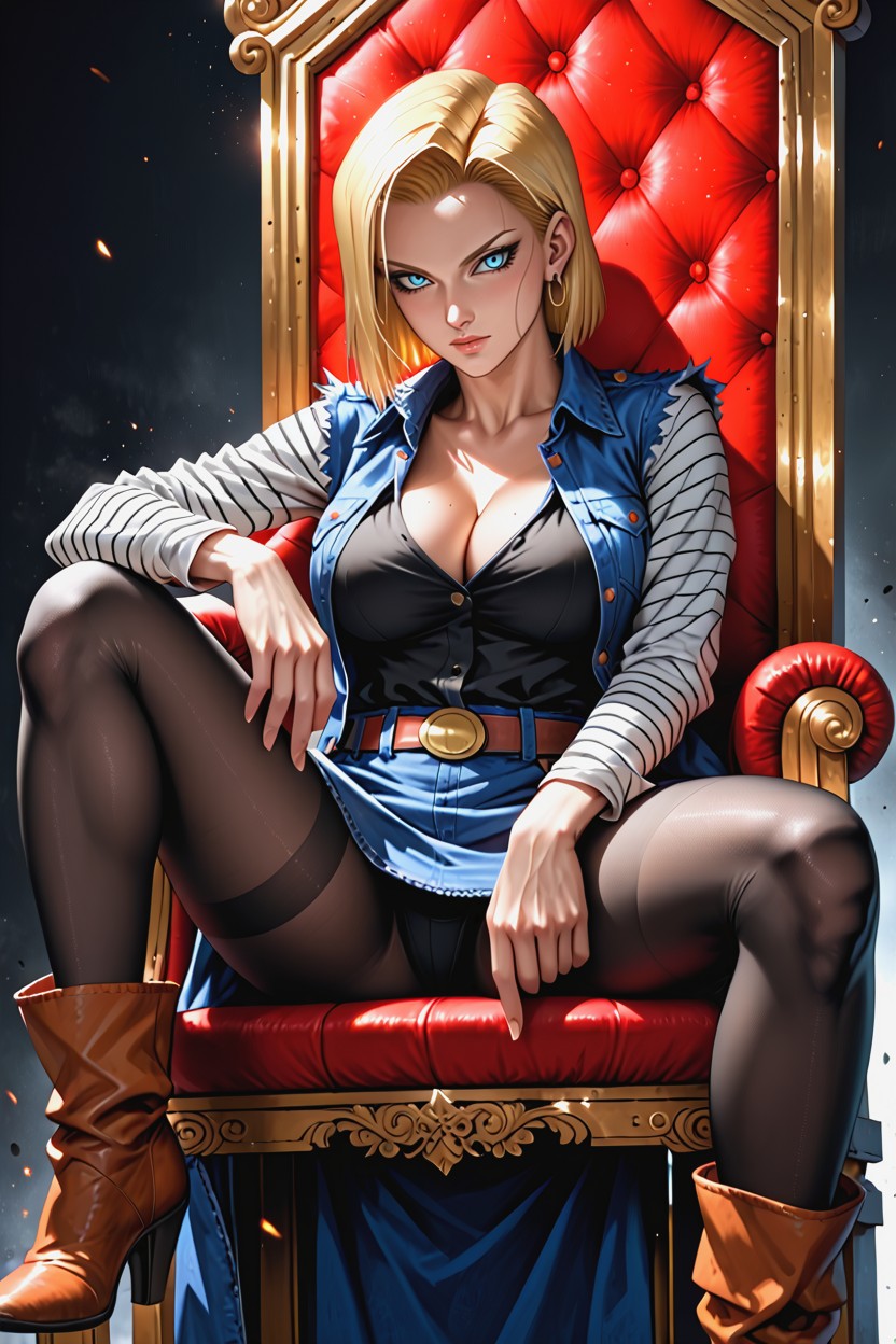 Android From Dragon Ball, Blue Denim Skirt, One Arm Resting On Armrest Hentai IA