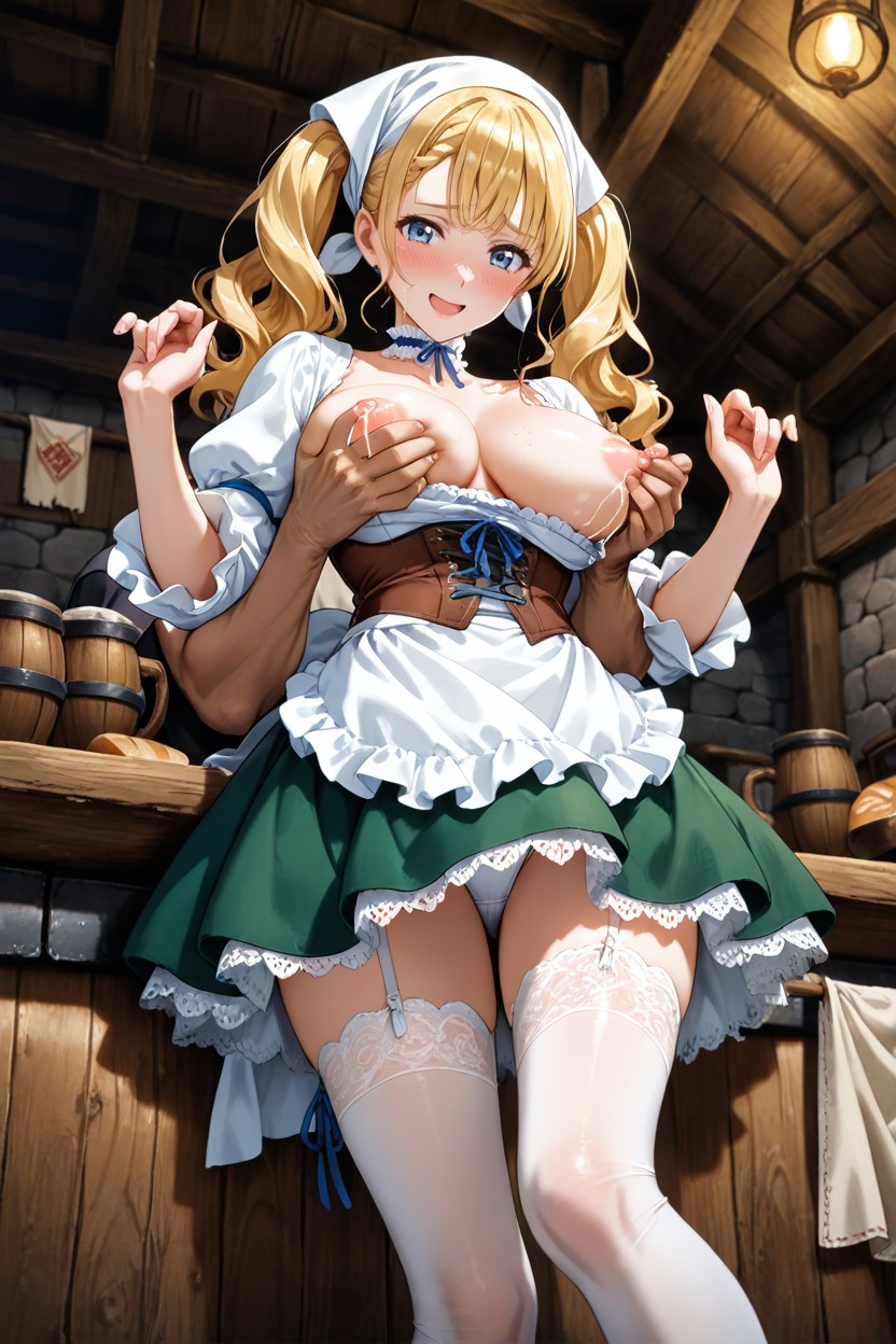 Lace Blouse With Puffy Sleeves, Bare Breasts With Puffy Pink Nipples Exposed, Long Sleek Wavy Twintails Hentai AI Porn