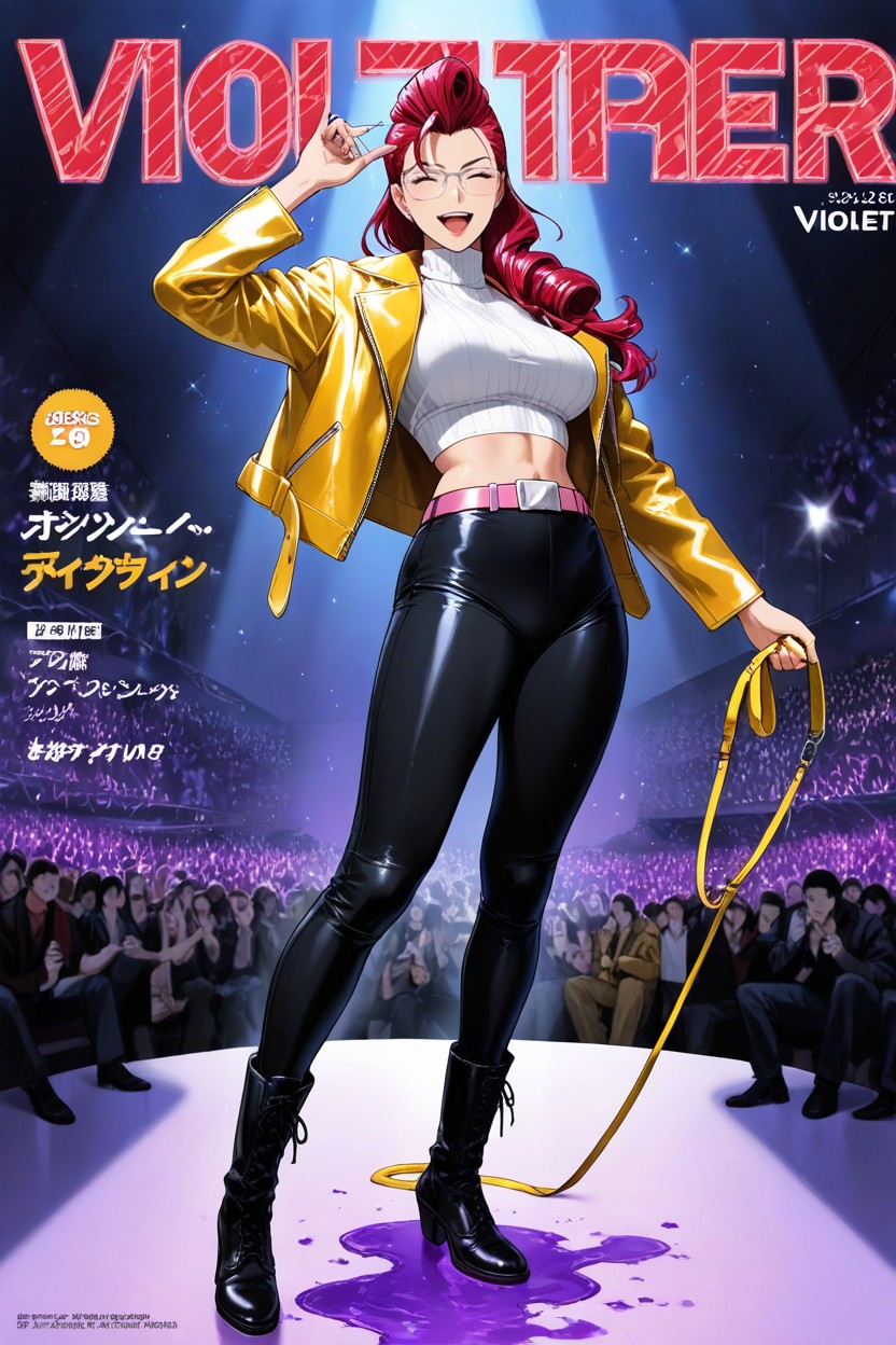 Yellow Leather Jacket, Side View, On Stage Hentai AI Porn