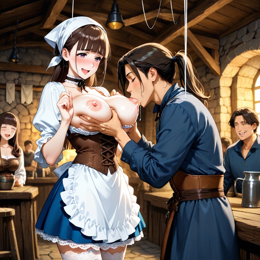Long High Sleek Ponytail, White Colored Round Frilly Apron, Cloth Banners Hung From Ceiling Hentai AI Porn