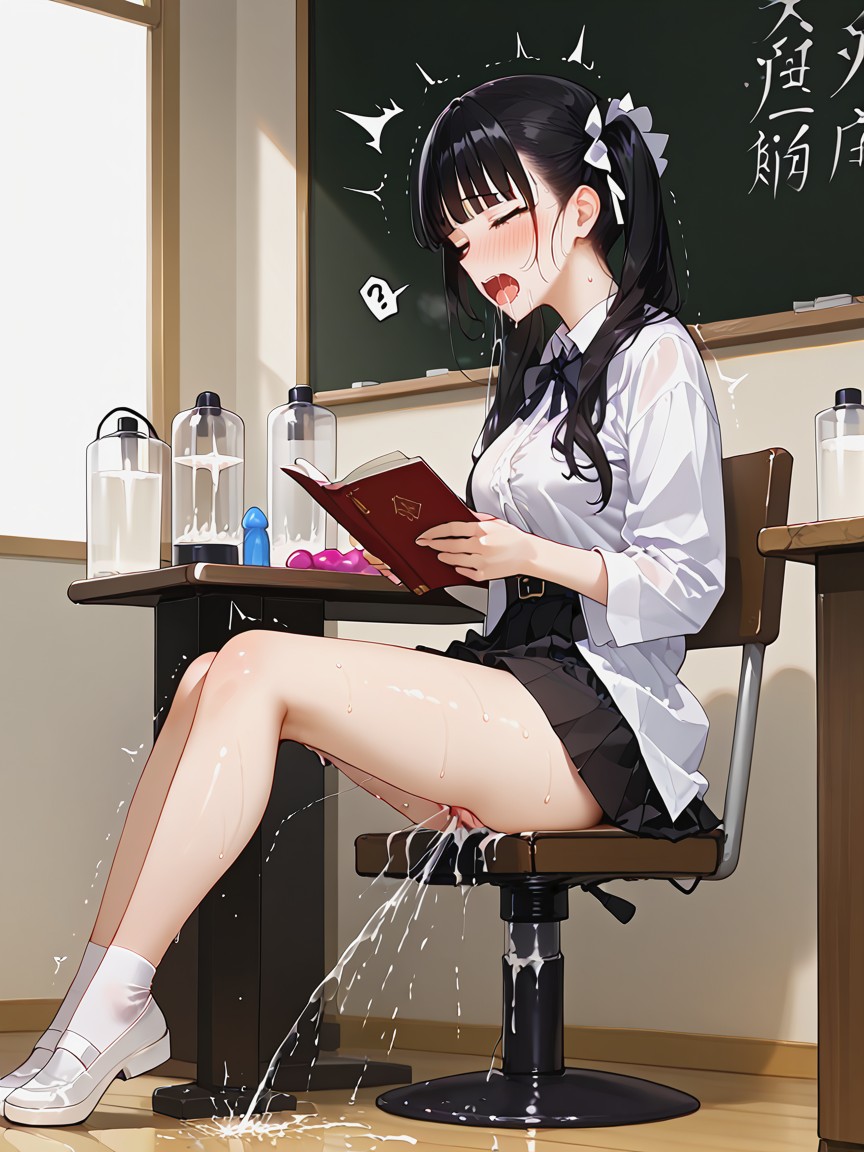 Studying, Side View, 大腿放在椅子上,坐在椅子上,双脚着地 Hentai AI Porn