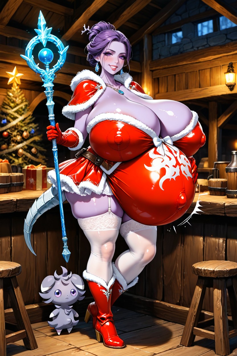 Hyper Pregnant Belly, Model Standing, Christmas Tree Hentai AI Porn