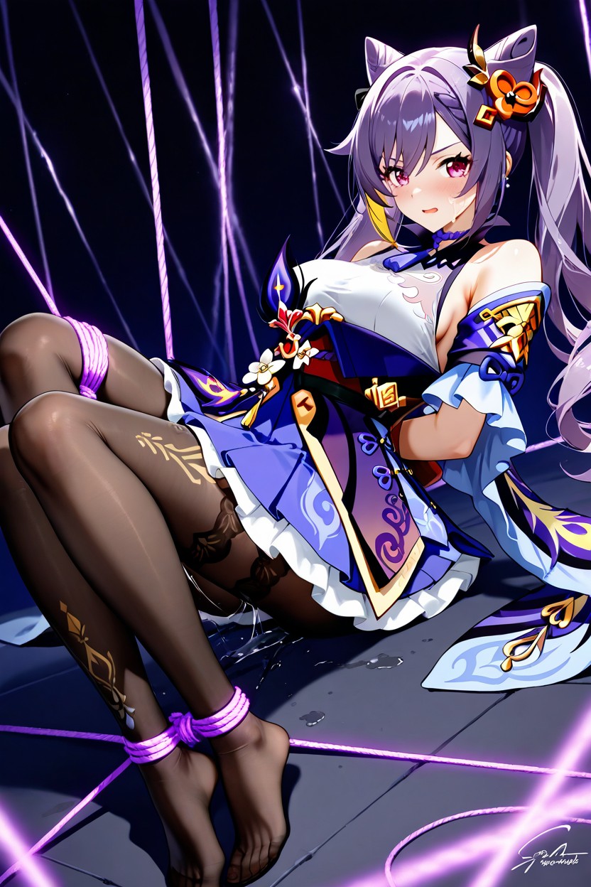 Purple Feathers, Wrists And Ankles Restrained By Intricate Ropes, Coherent Anatomy Hentai AI Porn