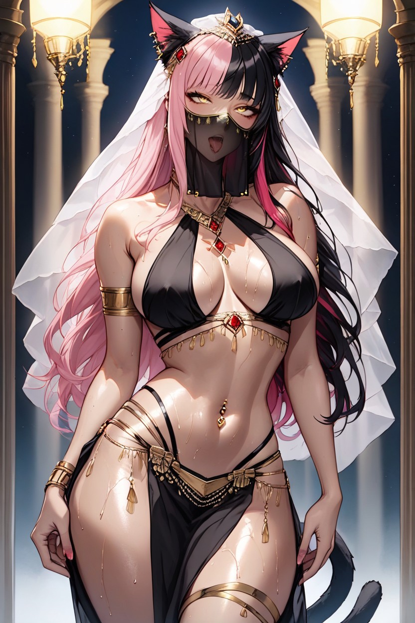 Horny, Soft Round Face, Black And Pink Two Tone Hair Hentai AI Porn