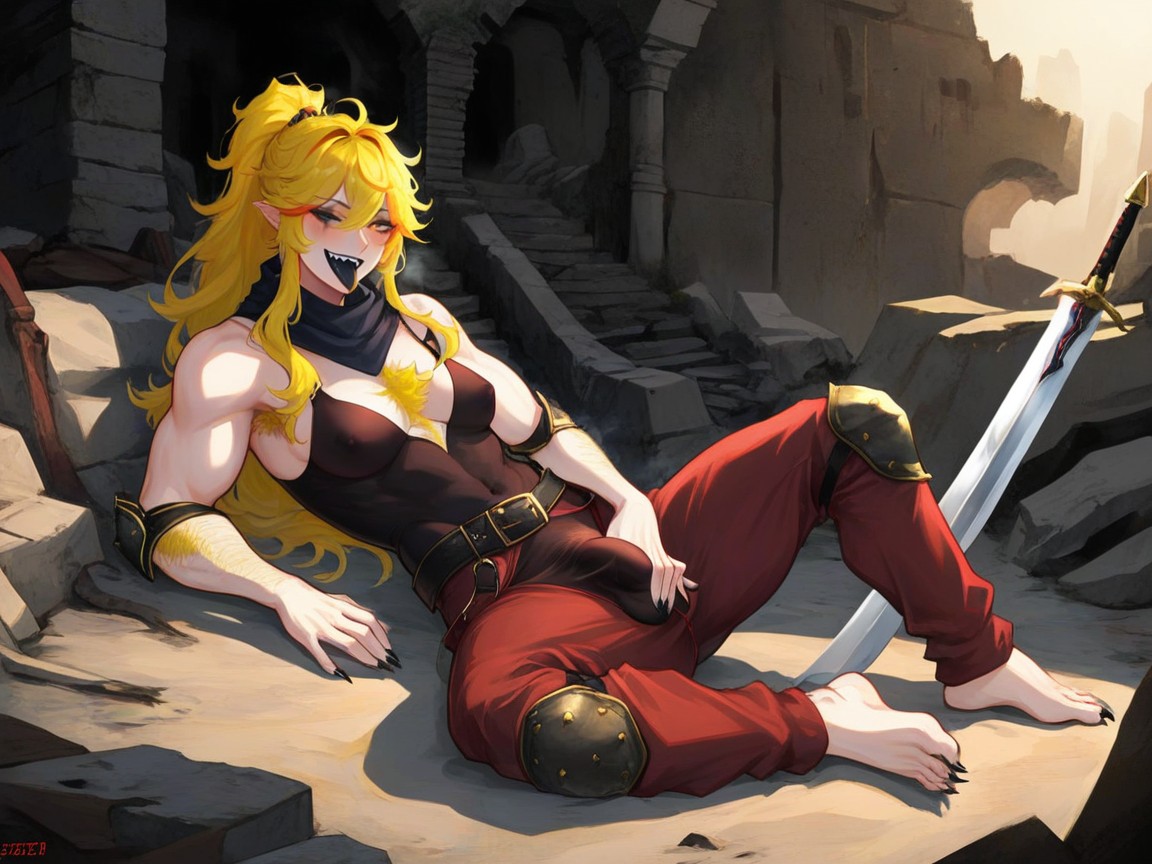 Sharp Teeth, Ruins, Grabbing Crotch Hentai AI Porn