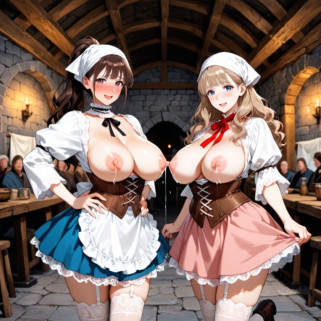 Many Medieval People Around, Blouse Pulled Down, Embarrassed Smile Hentai IA