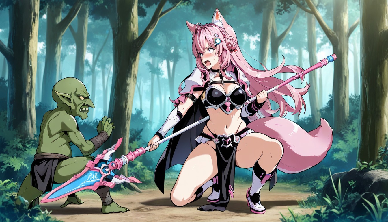 Goblin Hold Female's Spear, Side View, Armor Hentai AI Porn