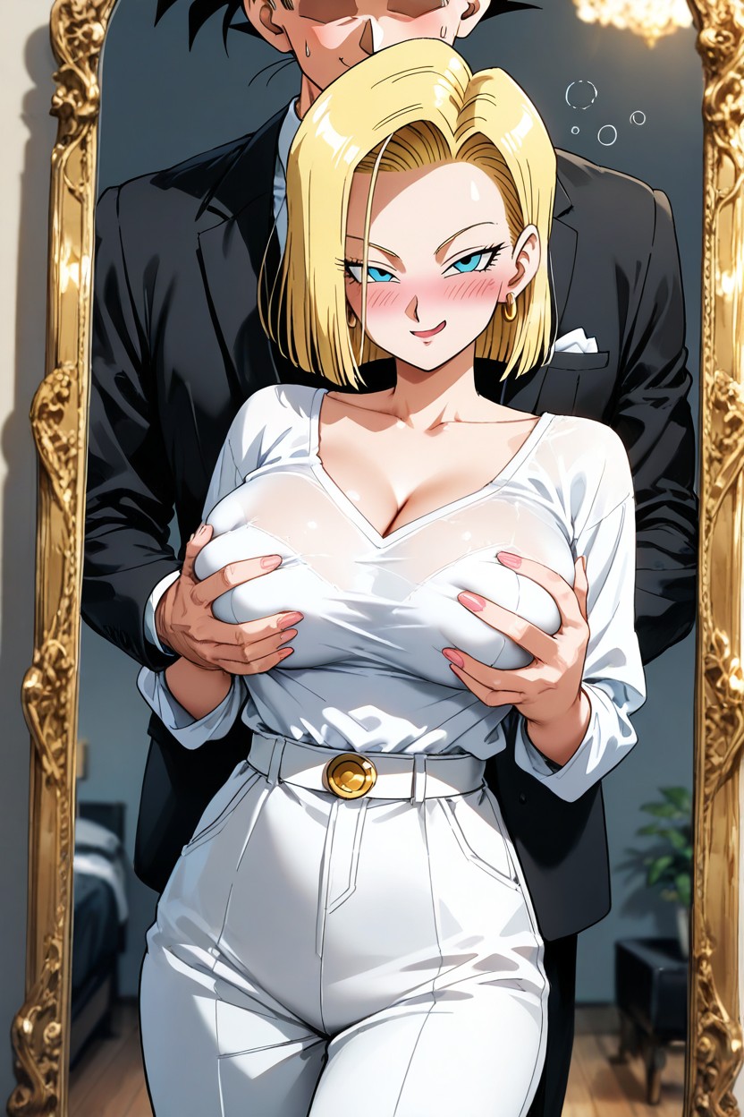 Medium Breast, Squeezing Breasts, Mischievous (smiling While Blushing) Hentai AI Porn