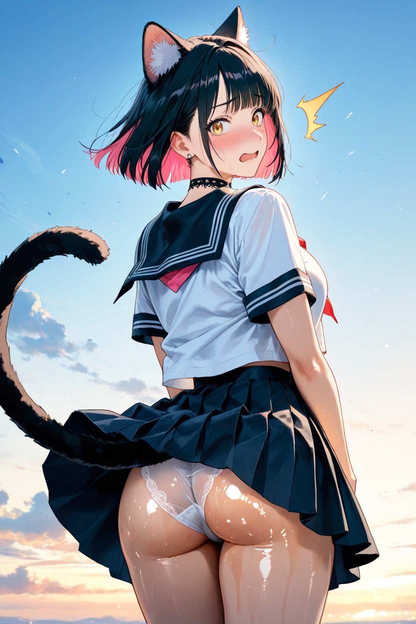 Pleated Skirt, Sky, Extremely Surprised Hentai AI Porn