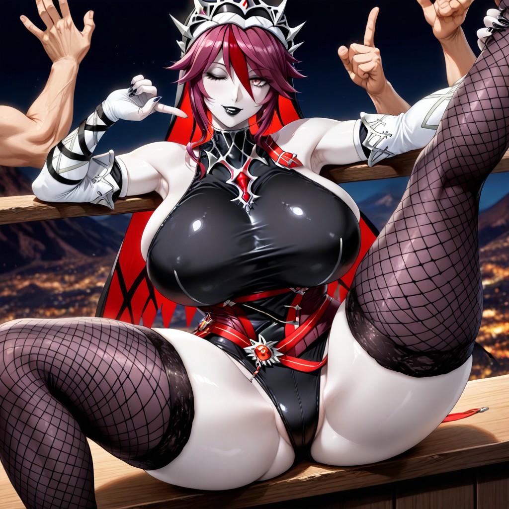 Black Fishnet Stockings, Teeth Visible When Smiling, Front View Hentai AI Porn