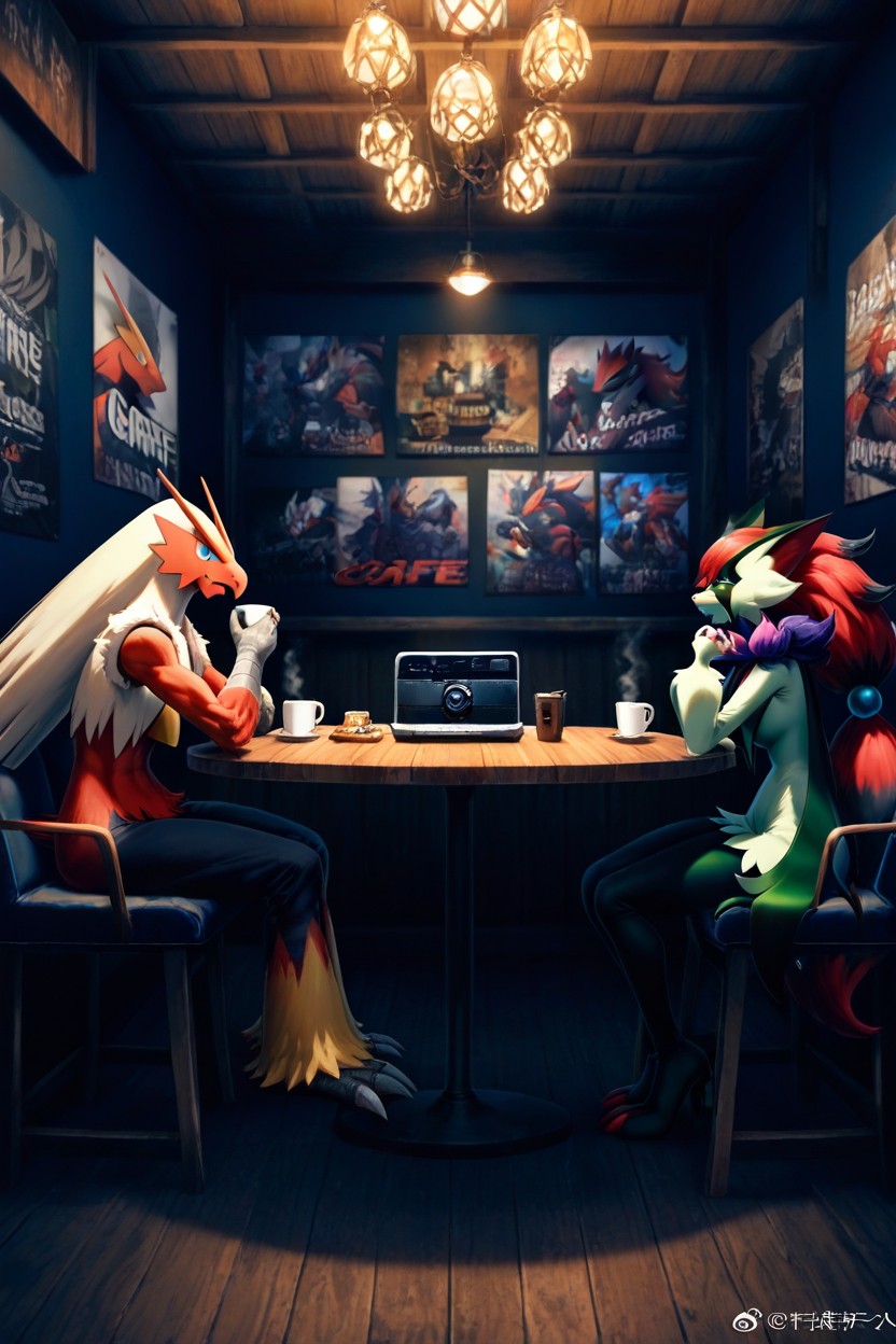 Sitting Together At The Same Café Table, Blaziken, Friendly Hentai AI Porn