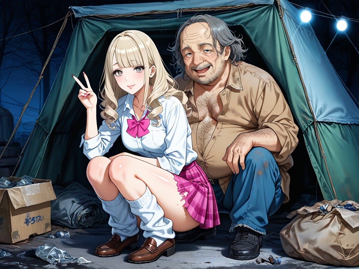 Gyaru, Anime-style Illustration, Homeless Man Hentai AI Porn