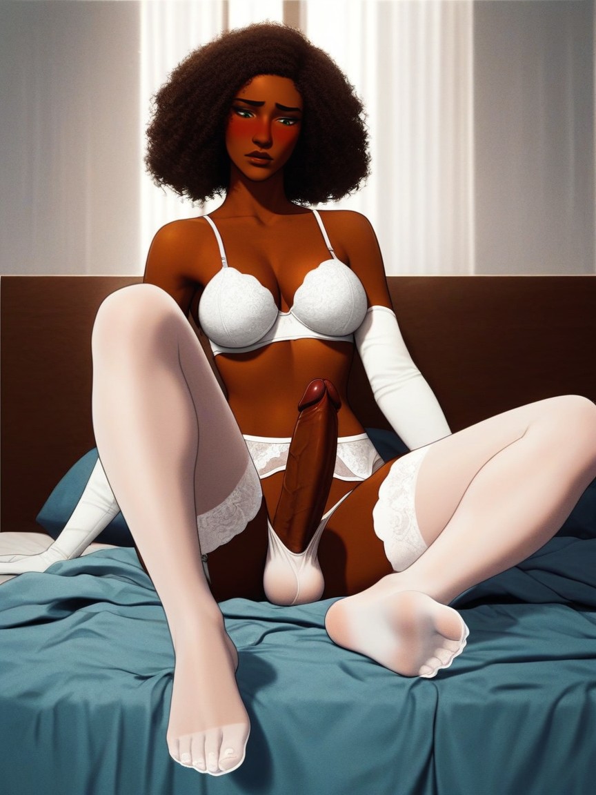 White Garter Belt, Dark Green Eyes, Embarrassed Hentai AI Porn