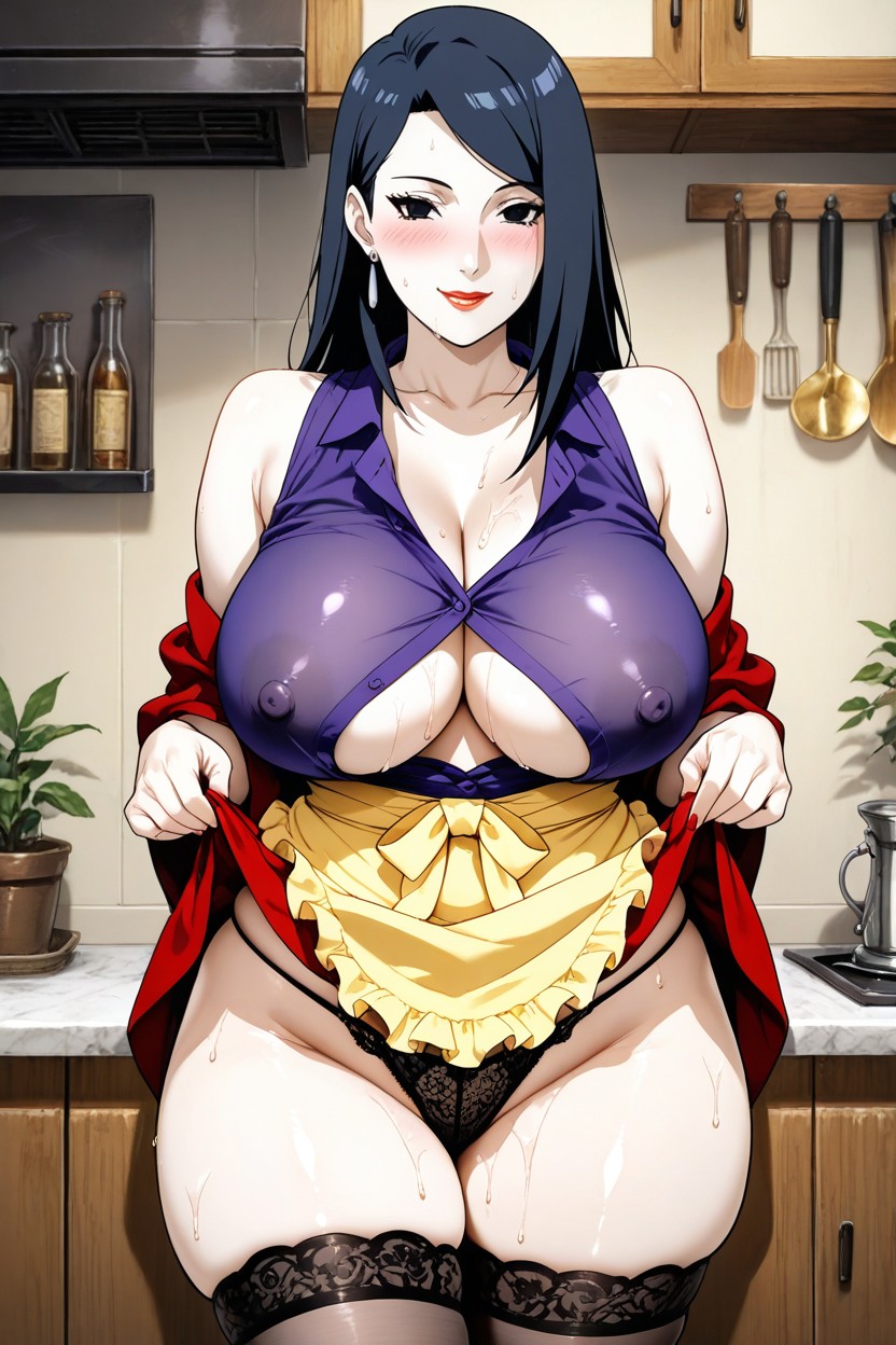 Highres, Long Straight Jet-black Hair With Side Bangs Framing Face, Uchiha Mikoto From Naruto Hentai AI Porn
