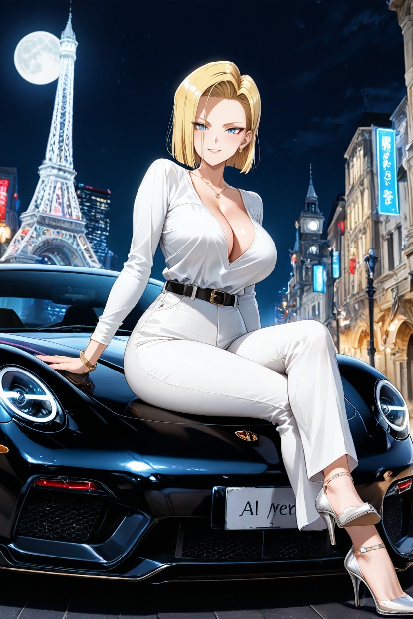 Night, Sitting On The Hood Of A Luxury Car, Feminine Figure Hentai AI Porn