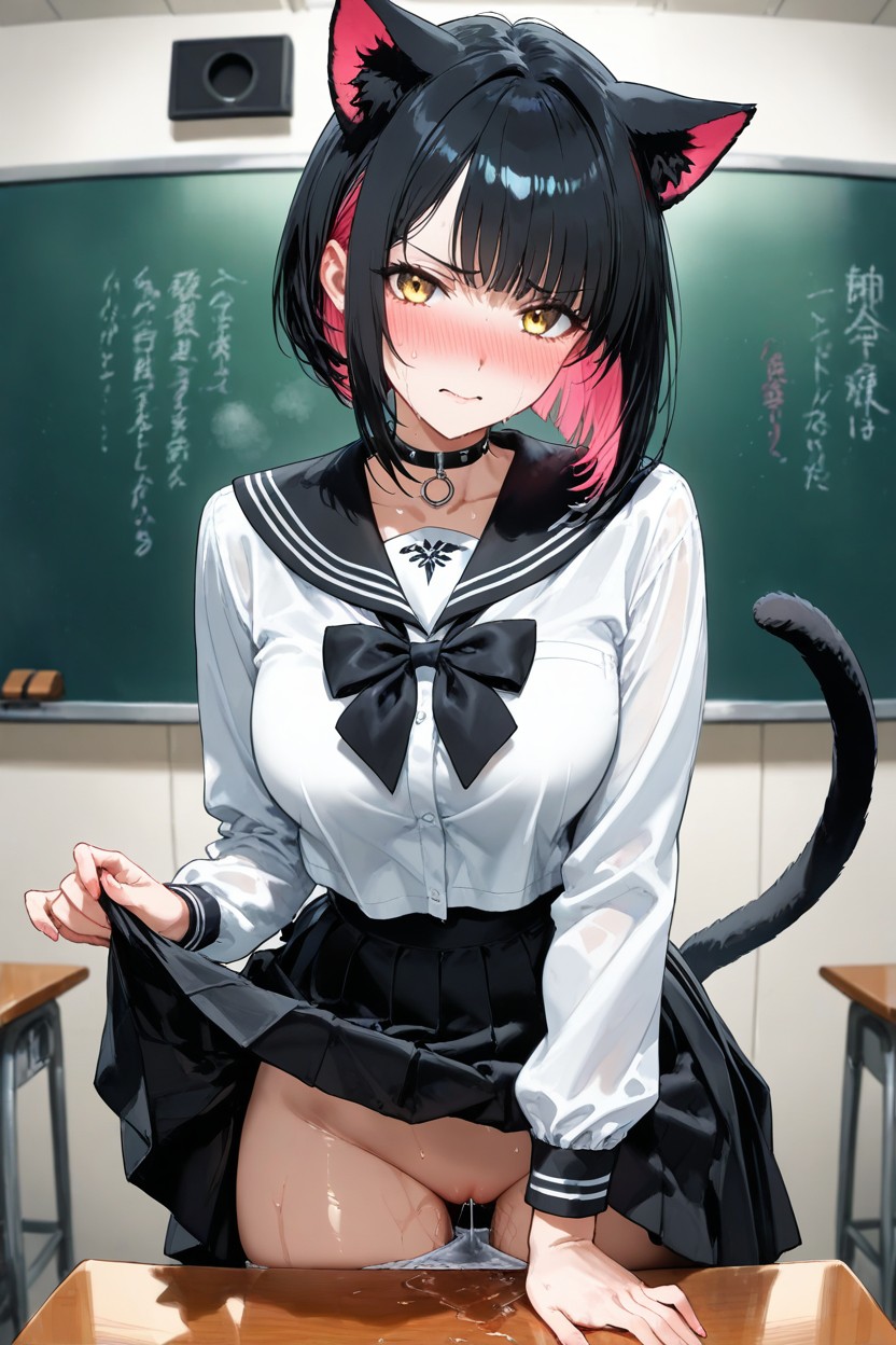 Pink Inner Hair, Black Outer Hair, Table Corner Hentai AI Porn