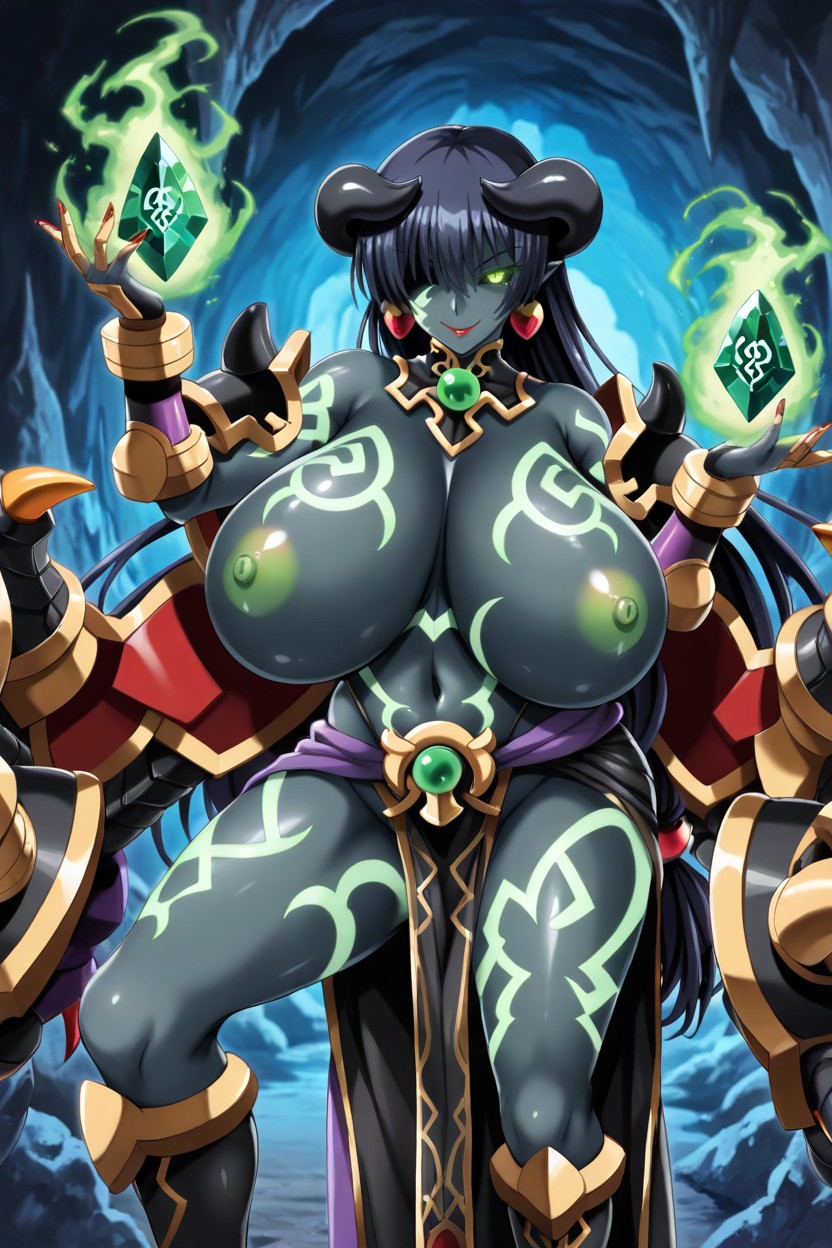 Glowing Green Runic Tattoos On Face, Jade Hoop Earings, Huge Dark Areolae Hentai AI Porn