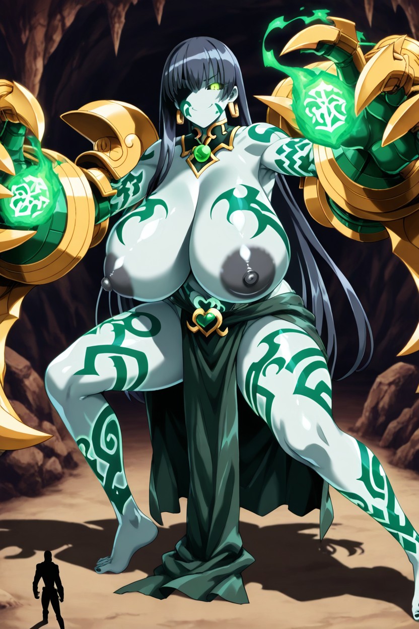 Hourglass Figure, Glowing Green Runic Tattoos On Arms, Red Lipstick Hentai AI Porn