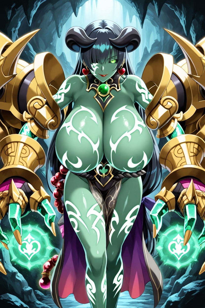 Absurdly Hyper Colossal Breasts, Glowing Green Runic Tattoos On Waist, Smile Hentai AI Porn