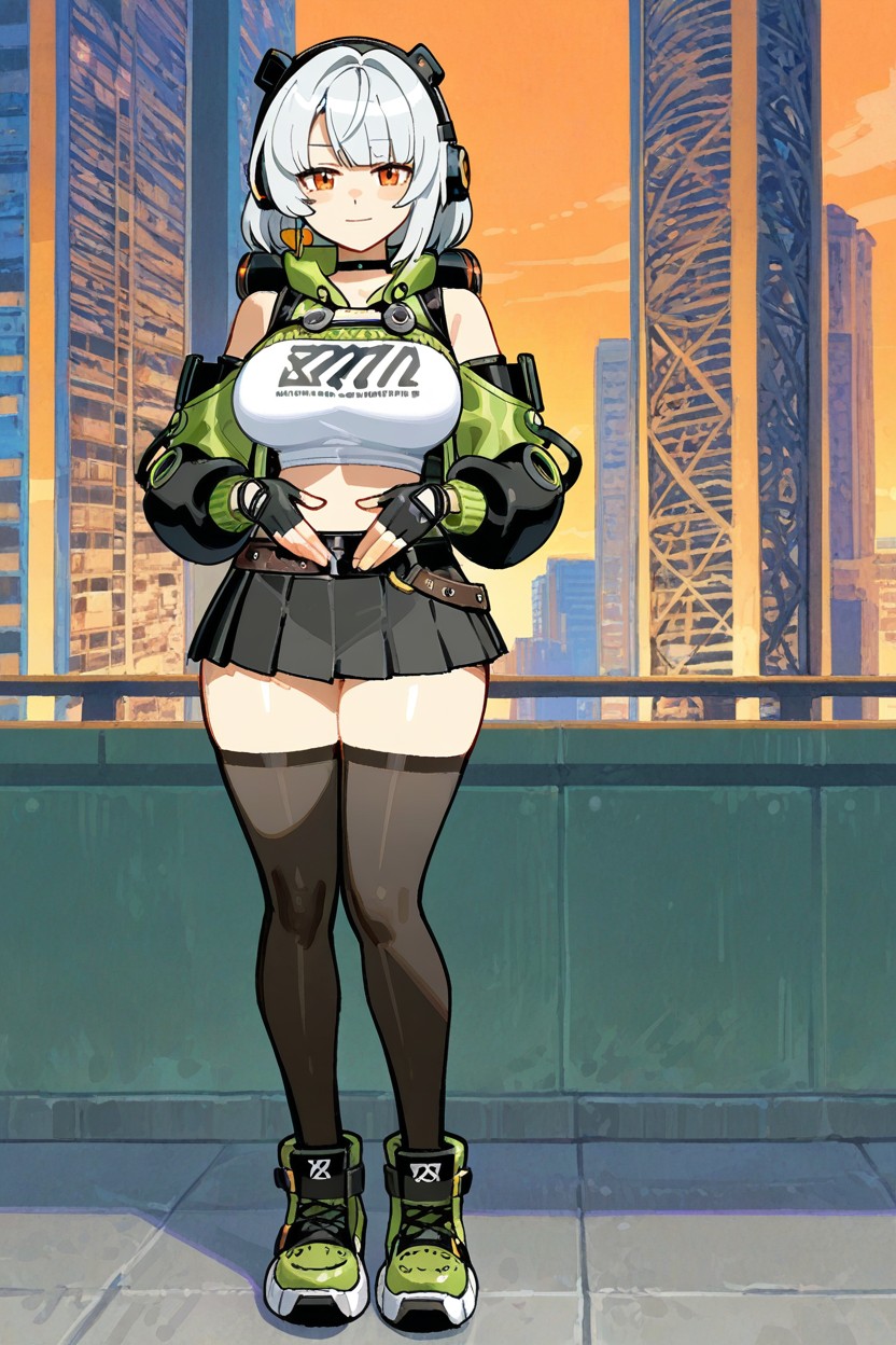 Black Thigh High Stockings, White Crop Top Under Sweater, Black Fingerless Gloves Hentai AI Porn