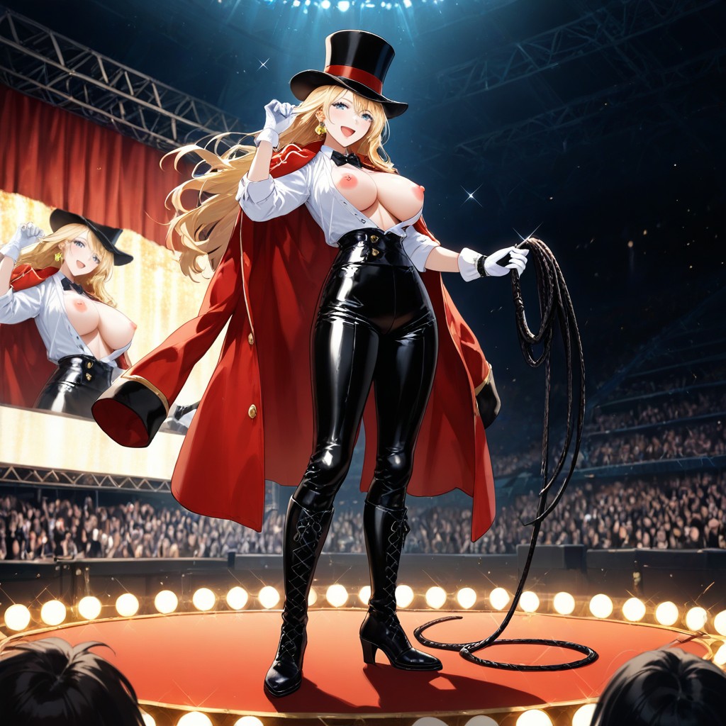 Side View, Swinging Leather Whip High Above Head, White Wrist Length Cloth Gloves Hentai AI Porn