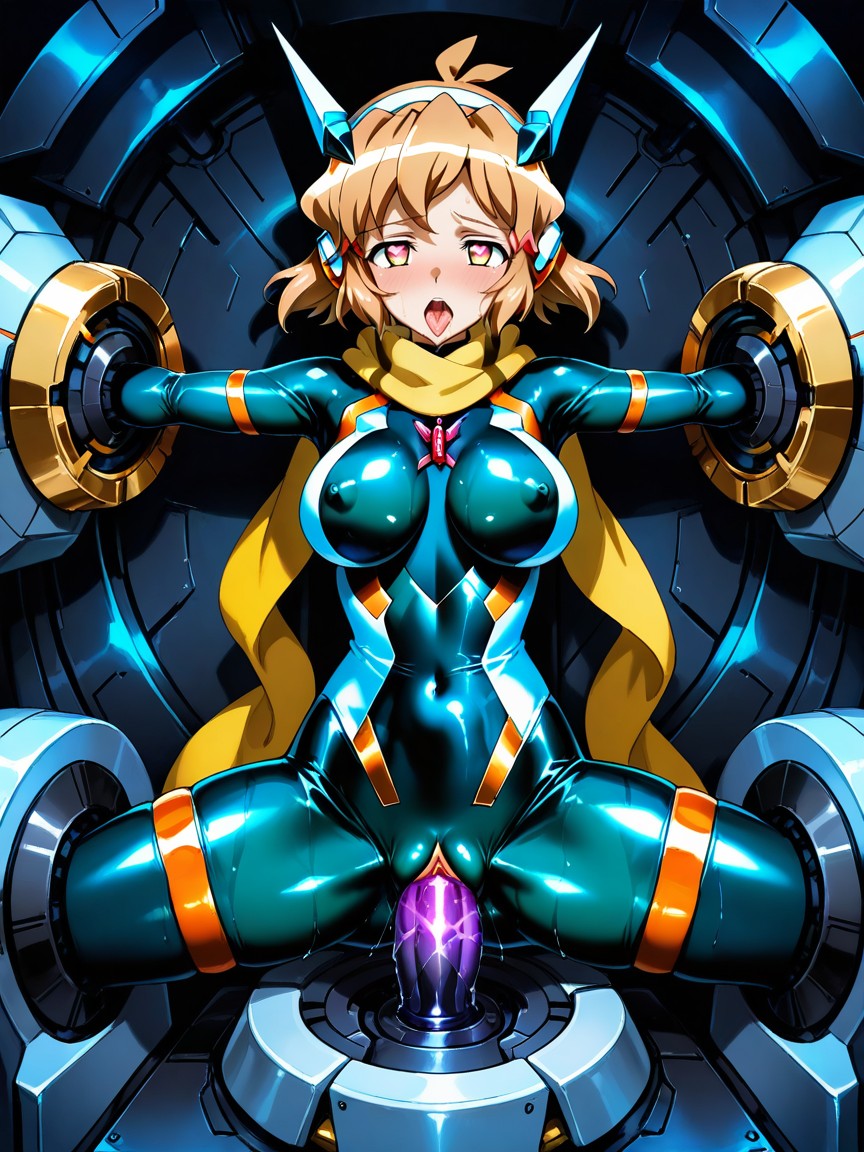 Pink Ribbon Accent On Chest, Mechanical Gold Gear Parts, Split Hentai AI Porn