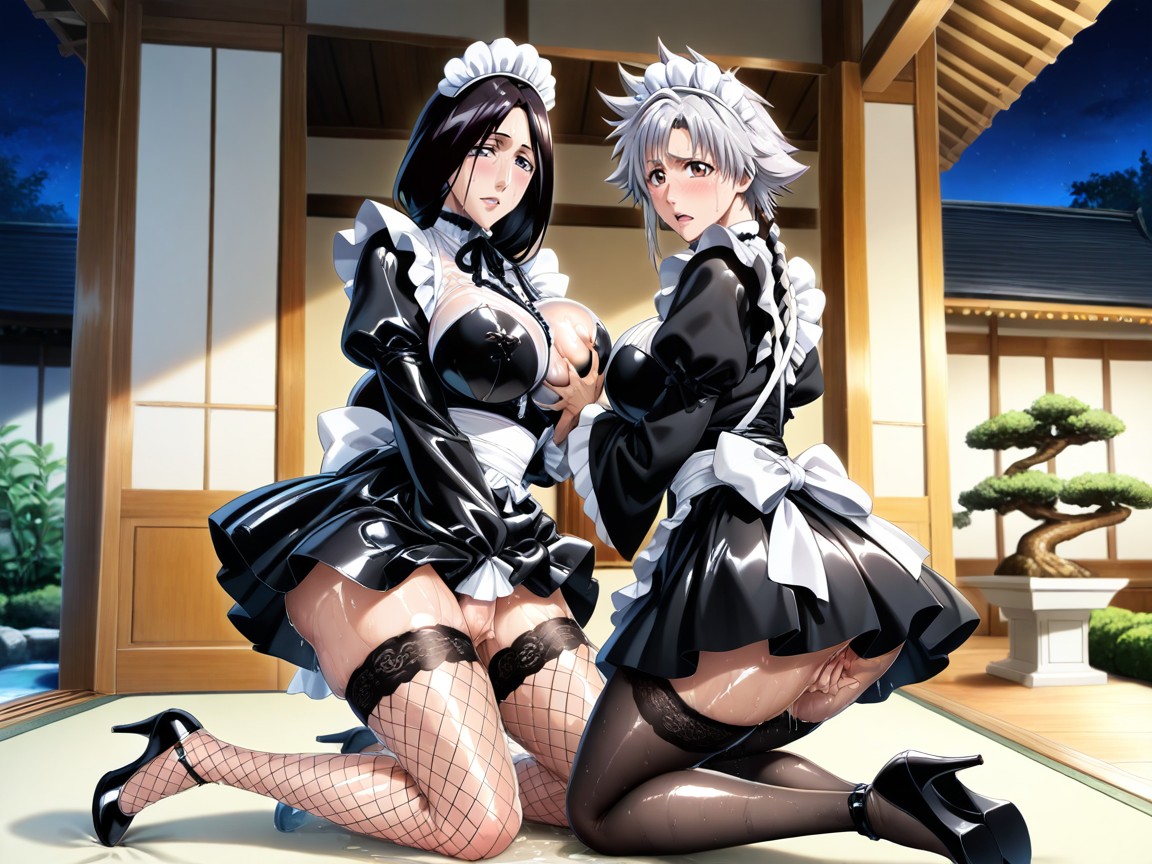 Kneeling, Kotetsu Isane Is Taller Than Unohana, Luxurious Ornate Japanese House With Panoramic View Of A Beautiful Ornate Japanese Garden Hentai AI Porn