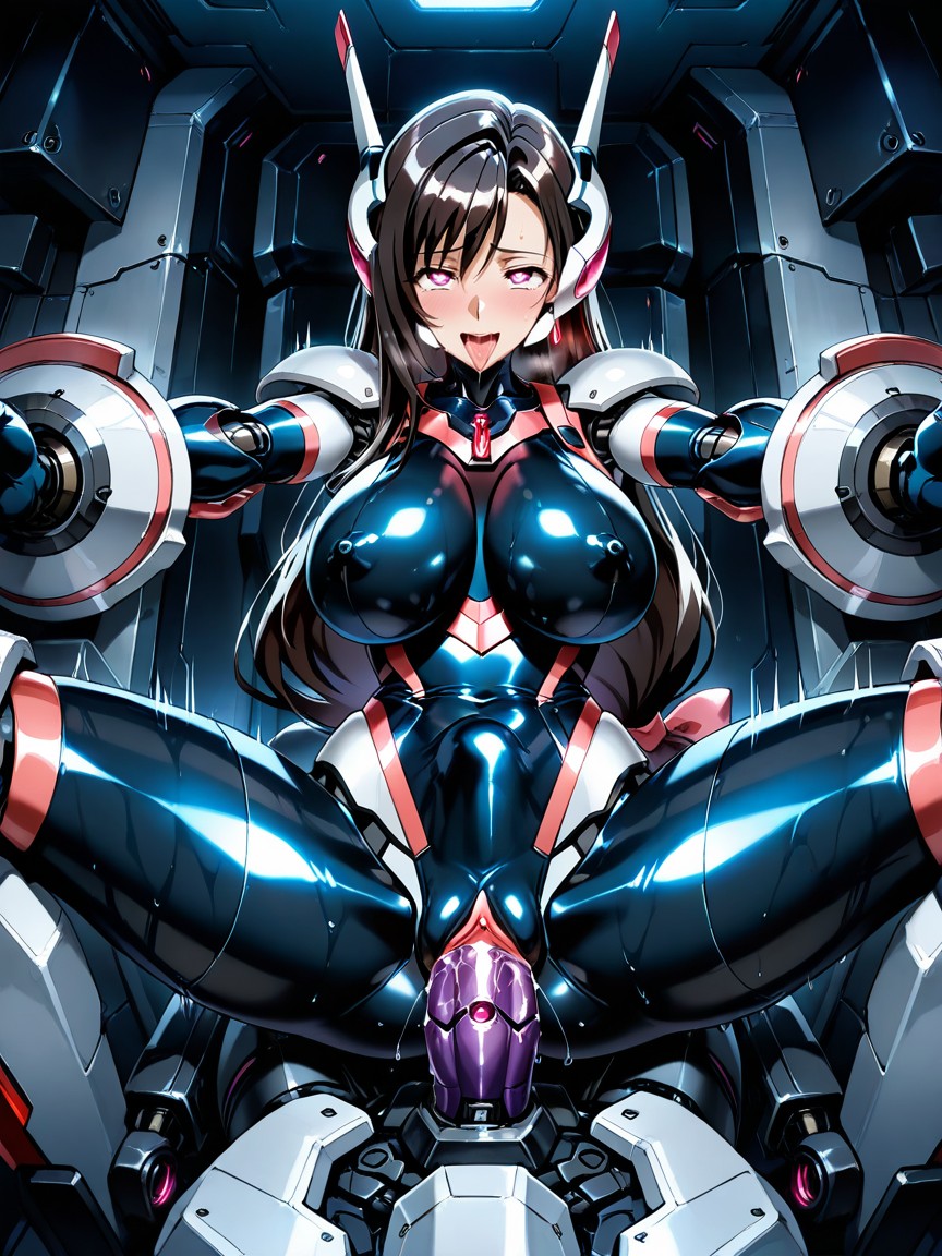 Black Dildo, Ultra-glossy Latex Symphogear Suit, Erect Nipples Clearly Visible Through Material Hentai AI Porn