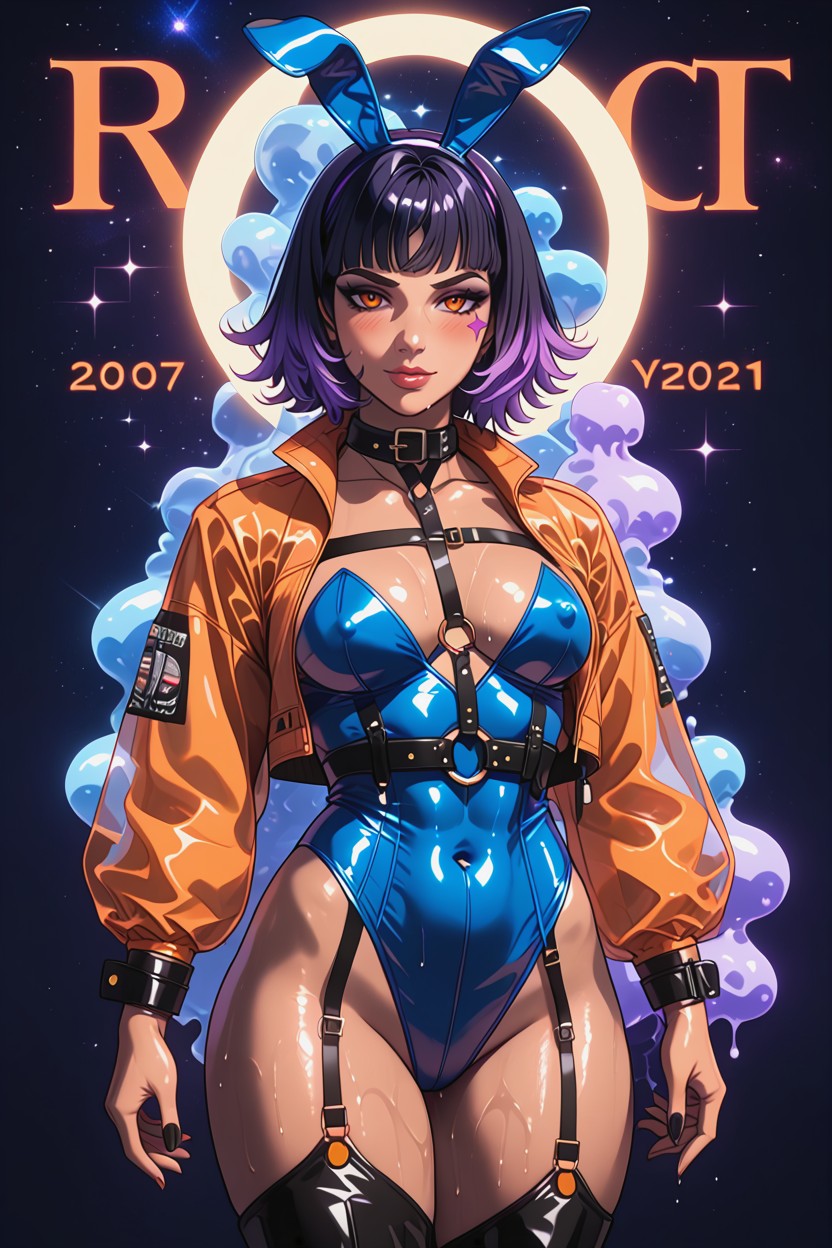 Thick Thighs, Looking At Viewer, Black And Purple Sheen Hentai AI Porn