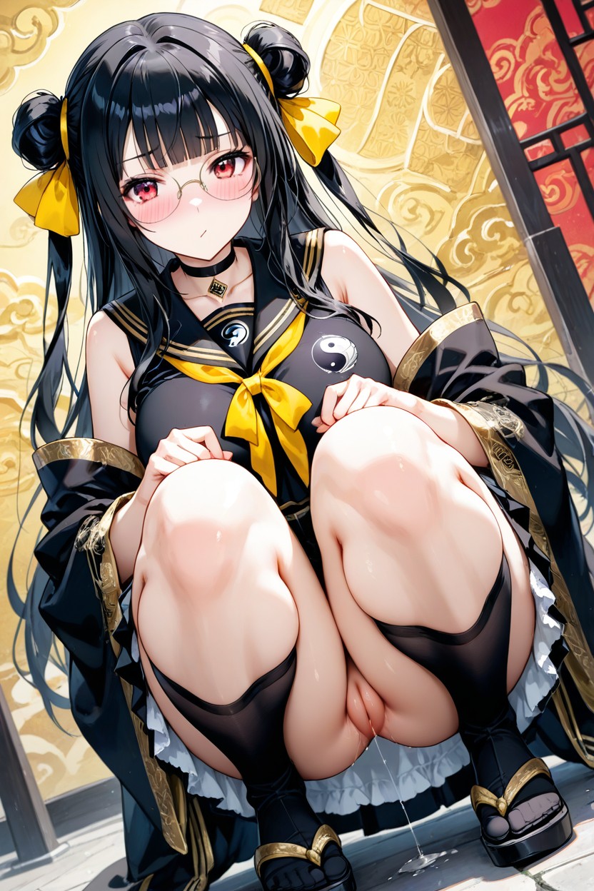 Large Yin-yang Emblem On Front Apron, Black Sailor Collar With Gold Trim, Blunt Bangs Hentai AI Porn
