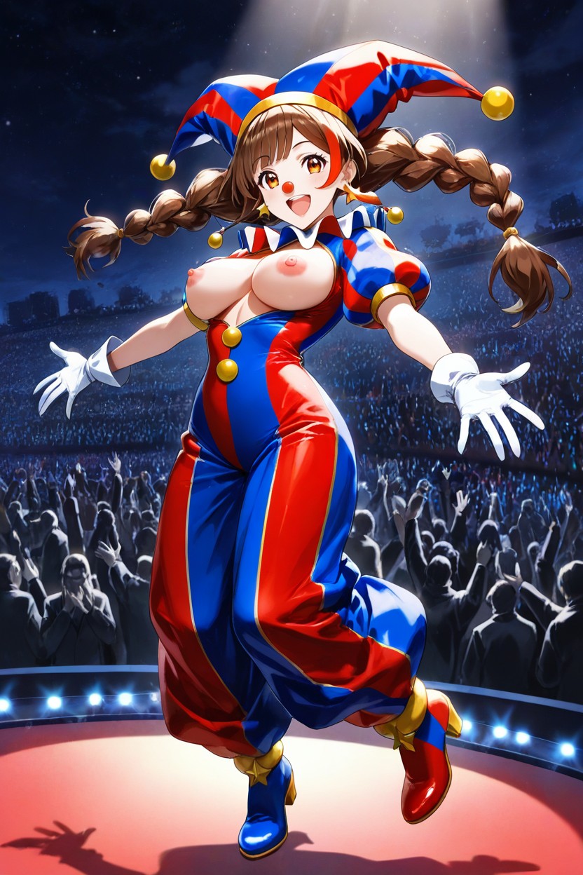 Bare Breasts With Puffy Pink Nipples Exposed, Night Time, White Wrist Length Cloth Gloves Hentai IA