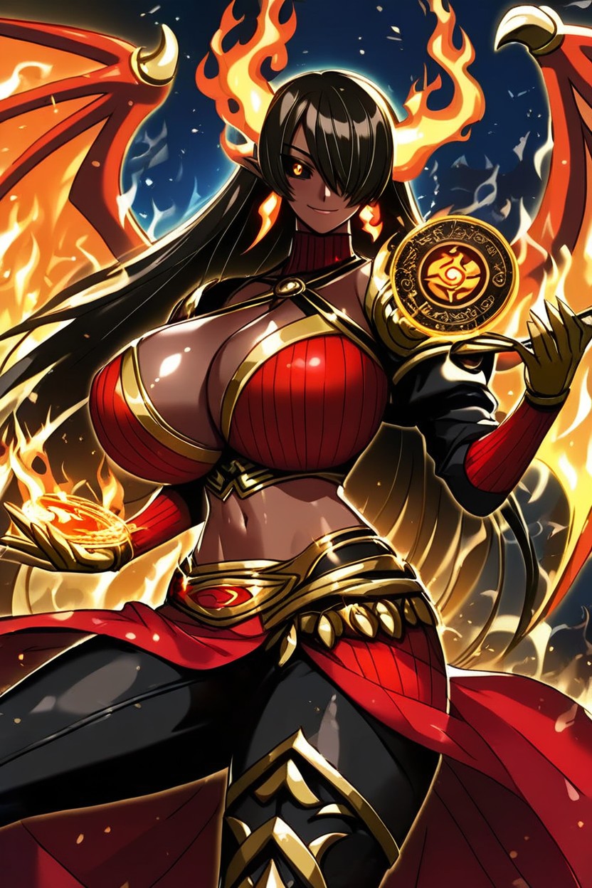 Midriff, Long Hair, Fiery Side Sarong Hentai AI Porn