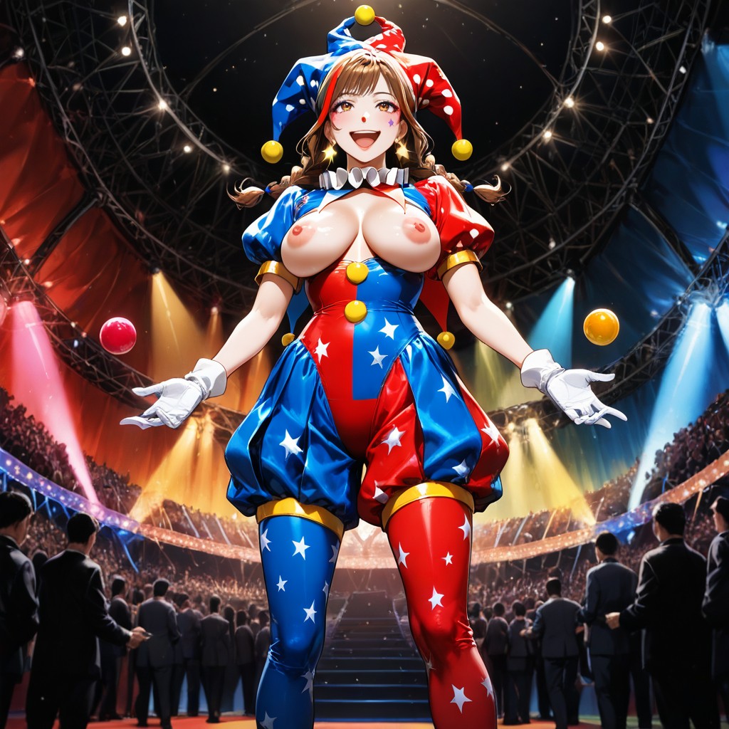 Outfit Opened, Pleated Jester Collar, Large Amber Eyes Hentai AI Porn