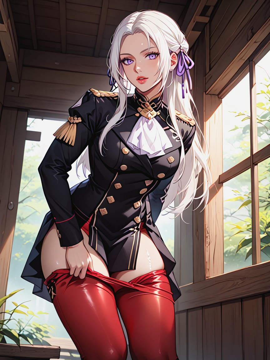 Side View, Red Tights Pull Around Thighs, Undressing Hentai AI Porn