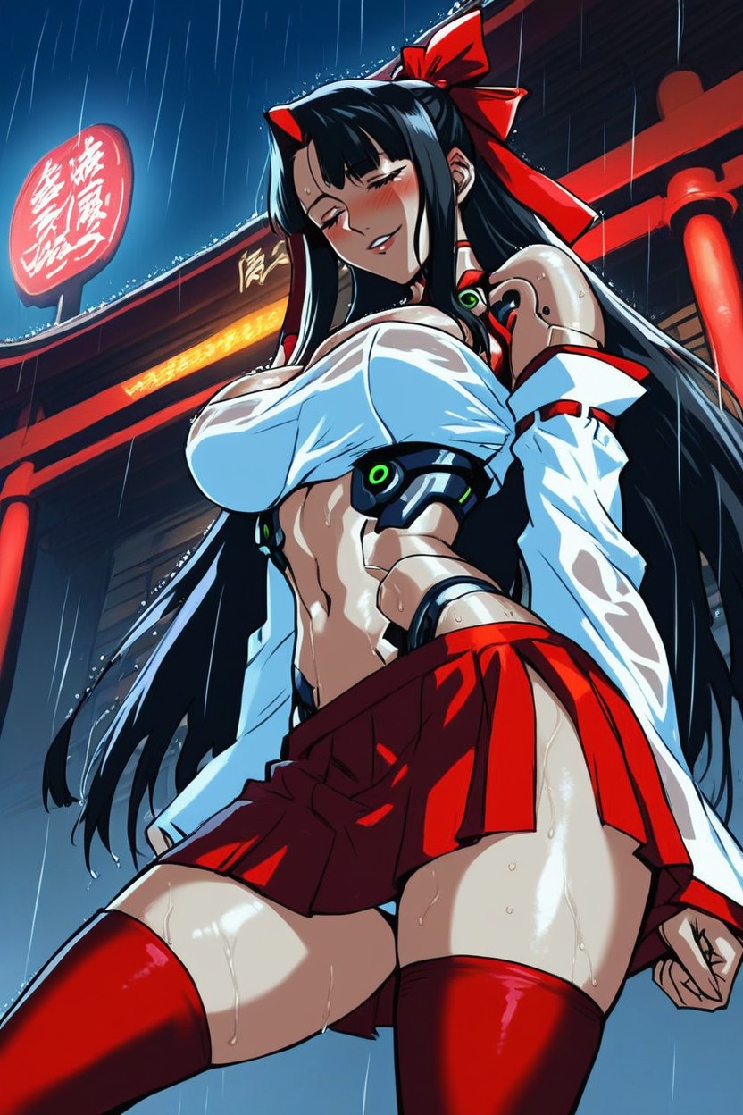 Cyberpunk City, Rounded Breast, A Red Skirt Hentai AI Porn
