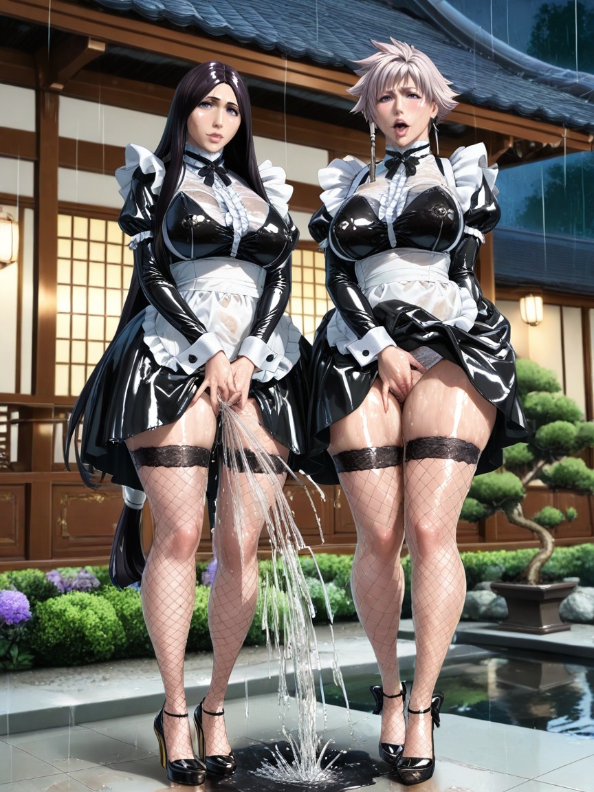 Thick Eyelashes, Both Wearing Shiny Transparent Full Black Gothic French Maid With Skirt, Detailed Hair Hentai AI Porn