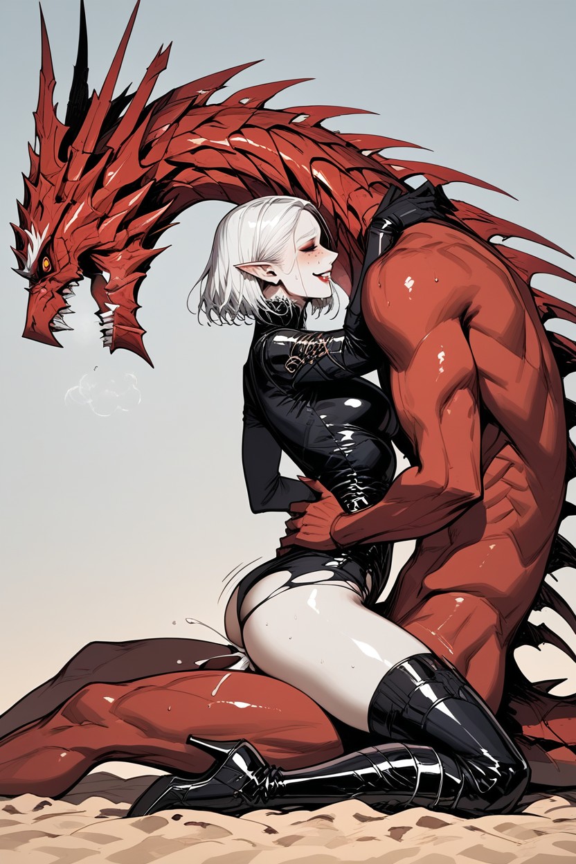 Passionate Cowgirl, White Hair, Laying On Sand Hentai AI Porn