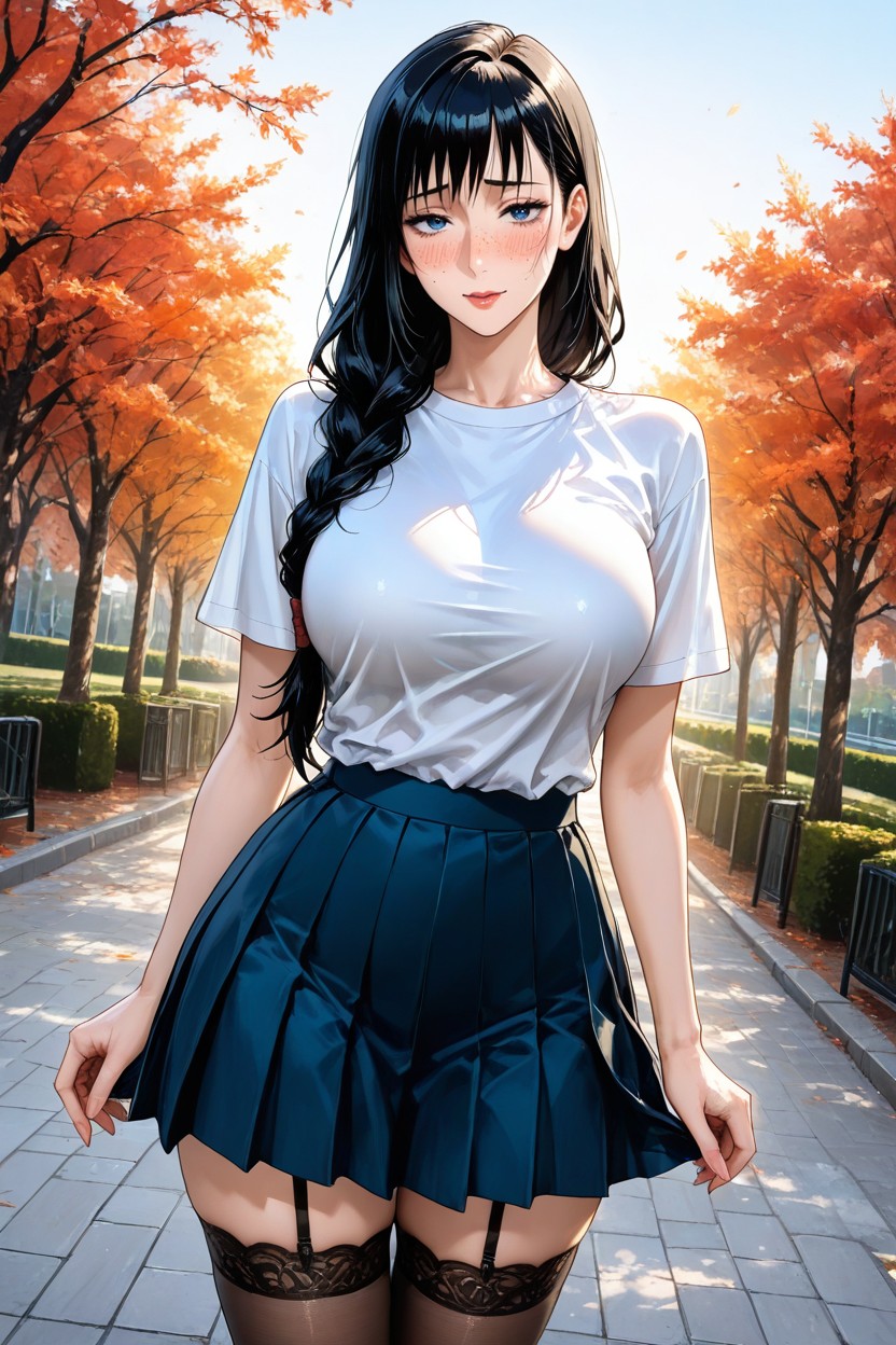 White T-shirt, Pleated Skirt, Front View Hentai AI Porn